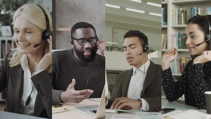Call Center Support staff Collage. Workers with headsets in the process - Powered by Adobe