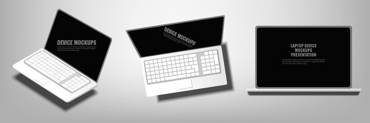 Realistic laptop with blank black screen. Laptop isolated template for web and mobile applications. Laptop presentation. Top, side view of Laptop in isometric 3D projection
