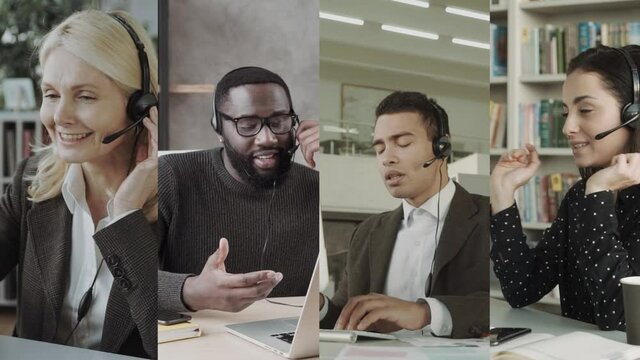 Call Center Support staff Collage. Workers with headsets in the process