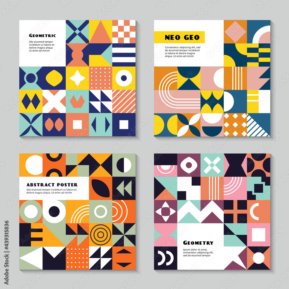 Poster geometrical forms. neo geo style abstract geometric colored shapes triangles squares circles recent 