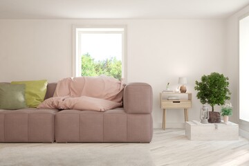 White living room with sofa. Scandinavian interior design. 3D illustration