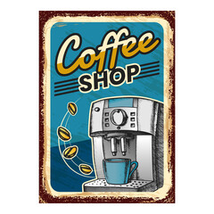 Coffee Shop Creative Advertising Banner Vector. Electronic Coffee Machine And Beans On Promotional Poster. Barista Equipment For Prepare Energy Drink Concept Template Vintage Style Color Illustration