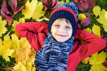 Little kid boy lying in autumn leaves in red pullover. Happy child having fun in autumn park on...