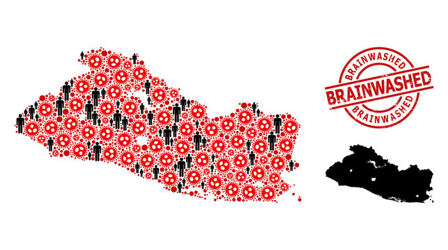 Collage map of El Salvador united from covid-2019 elements and men elements. Brainwashed textured seal stamp. Black man items and red covid infection items. Brainwashed text inside round seal stamp.
