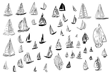 A set of images of yachts, sailing boats drawn by hand in a simple style. Vector illustration.
