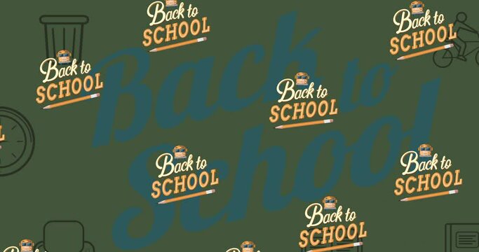 Animation of repeated text back to school and pencil moving over green with back to school in blue