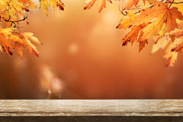 A wood table product display with copyspace and a golden brown autumn background of leaves for Thanksgiving and other seasonal messages.