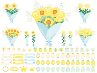 ひまわりと黄バラの花束のイラストセット。父の日に贈る花。