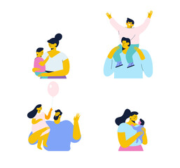 Mother with kid, family, parents flat vector collection