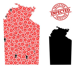 Collage map of Australian Northern Territory designed from covid elements and people icons. Infected scratched badge. Black people elements and red covid infection icons.