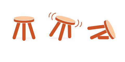 Three legged stool stable wobbly and broken icon set. Clipart image isolated on white background - obrazy, fototapety, plakaty