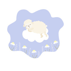 Vector illustration with cartoon sheep lying on cloud, chamomile and lavender on purple background. For nursery baby room posters, print design, greeting card, baby shower, kids t-shirts or pajamas.