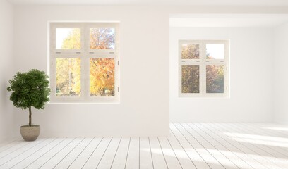 Fototapeta na wymiar Stylish empty room in white color with autumn landscape in window. Scandinavian interior design. 3D illustration