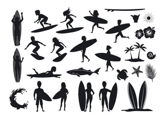 surfers silhouettes set. men and women surfing, riding waves, stand, walk, run, swim with surfboards, symbols design decoration, palm tree, leaf, turtle, shark, hand, hibiskus, wave, sun © VecTerrain