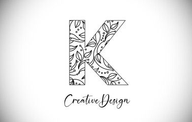 Elegant Letter K Logo made of Flowers and Leafs in Monoline Creative Vector Design Logo