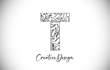 Elegant Letter T Logo made of Flowers and Leafs in Monoline Creative Vector Design Logo