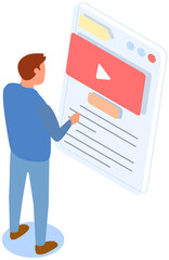 Video player on phone near man presses buttons, presentation board. Mobile device for watching digital information movie. Male character selects video with application, watching tutorial online