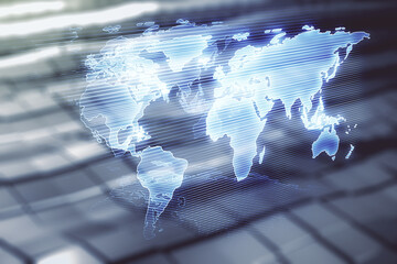 Multi exposure of abstract creative digital world map hologram on blurry metal background, research...