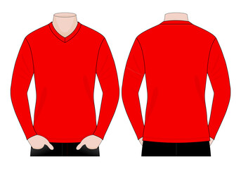 Men's Red Long Sleeves V-Neck Shirt Template On White Background.Front And Back View, , Vector File