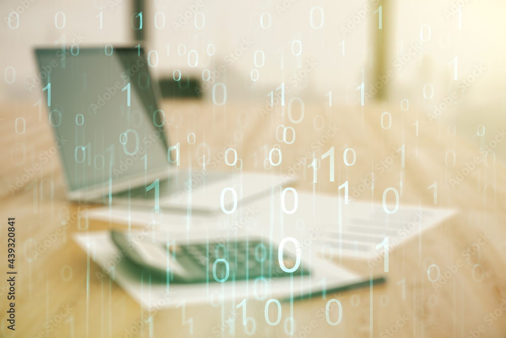 Poster abstract virtual binary code hologram on blurry calculator and computer background, ai and machine l