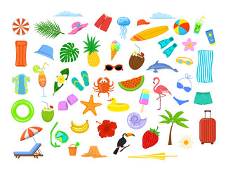 summer time beach holidays travel design elements, decoration: mattress, suitcase, umbrella, sunchair, palm tree, leaf, fruits, pineapple, coconut drink, flamingo, surfboard, crab, cocktail