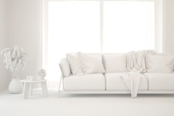 White minimalist living room with sofa. Scandinavian interior design. 3D illustration