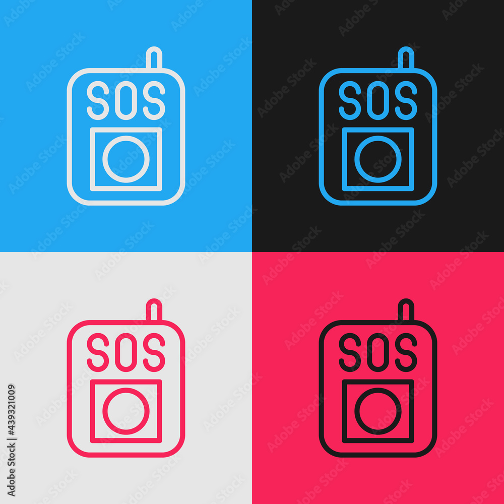 Poster Pop art line Press the SOS button icon isolated on color background. Vector