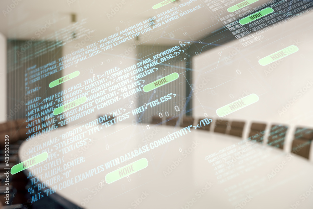 Poster abstract virtual coding illustration on a modern coworking room background, software development con