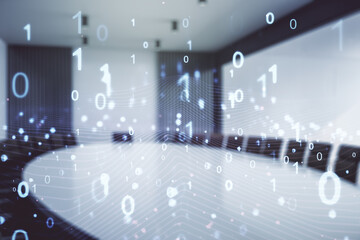 Abstract virtual binary code illustration on a modern conference room background. Big data and coding concept. Multiexposure