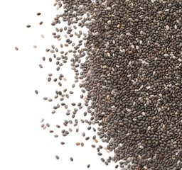 Pile of chia seeds on white background, top view