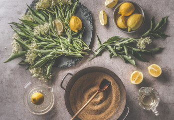 Kitchen preparation with fresh elder, lemon juice and sugar, bowl with spoon. Summer theme, dark...