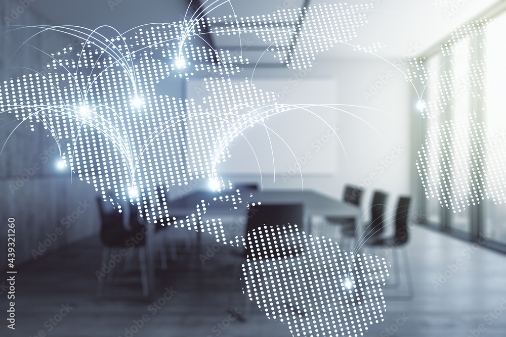 Poster double exposure of abstract digital world map hologram with connections on a modern meeting room bac