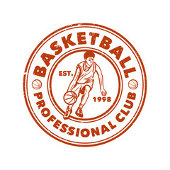 logo design basketball professional club with man dribbling basketball vintage illustration