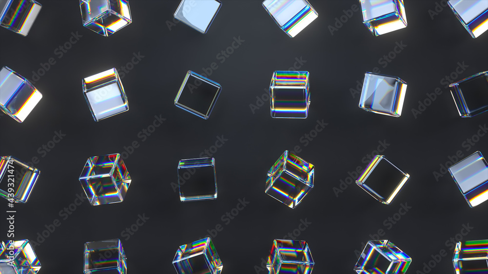 Fototapete 3d glass rotating cubes with dispersion effect. dark background. trendy iridescent colors. 3d render