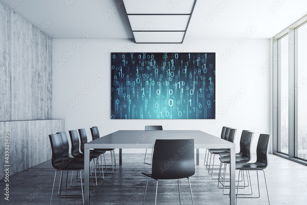 Poster creative concept of binary code illustration on presentation screen in a modern conference room. big