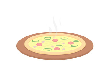illustration of a pizza that is still warm. pizza topped with green peppers, meat, and mushrooms. italian food. flat cartoon style. vector design