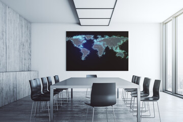 Abstract creative world map on presentation tv screen in a modern meeting room, research and...