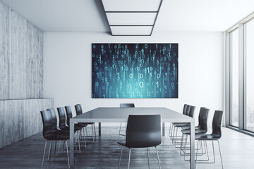 Creative concept of binary code illustration on presentation screen in a modern conference room. Big data and coding concept. 3D Rendering