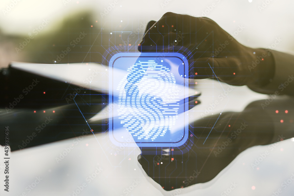 Aufkleber abstract creative fingerprint concept with finger clicks on a digital tablet on background. multiexp