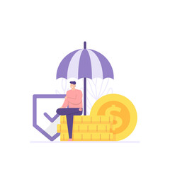 the concept of worker insurance, employee health and safety protection. illustration of people sitting on coins, umbrellas, shields. money or salary pension. flat cartoon style. vector design