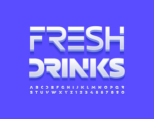 Vector modern sign Fresh Drinks. Futuristic style Font. Creative White Alphabet Letters and Numbers set