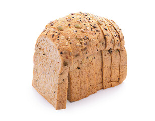 Whole wheat bread and grains isolated on white background
