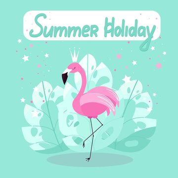 Pink flamingo poster for summer holidays, flamingos on a background of palm leaves. Exotic bird, vector illustration in flat style.