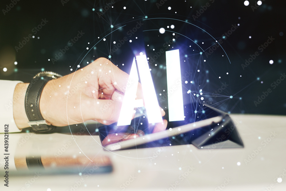 Poster creative artificial intelligence symbol concept with finger clicks on a digital tablet on background