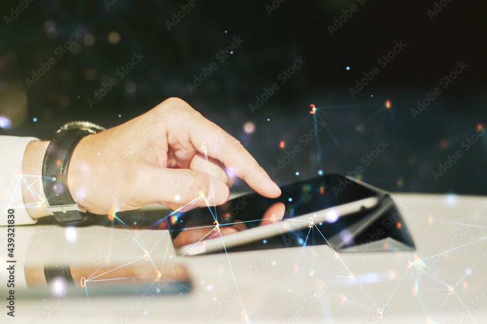 Aufkleber Double exposure of technology hologram and finger clicks on a digital tablet on background. Research and development software concept