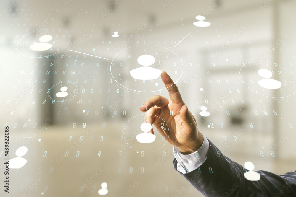 Aufkleber man hand working with abstract virtual social network concept on blurred office background. multiexp