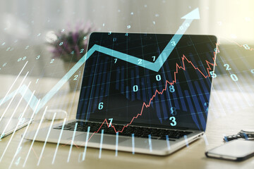 Multi exposure of abstract financial graph with upward arrow on modern computer background,...
