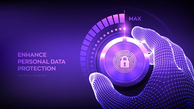 Privacy security levels knob button. Increasing personal data protection level. Wireframe hand turning a private secure test knob to the maximum position. Biometric identification. Vector illustration