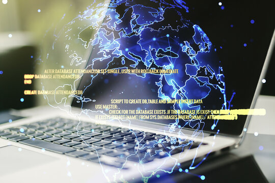 Multi exposure of abstract programming language hologram with world map on computer background, artificial intelligence and neural networks concept