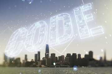 Code word hologram on San Francisco skyscrapers background, artificial intelligence and neural networks concept. Multiexposure